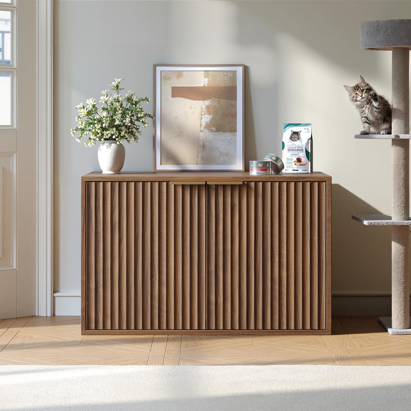 Evermagin 31.5" Walnut Cat Litter Box Enclosure Furniture, Large Hidden Litter Box Cabinet, Mid Century Modern Indoor Cat House Kitty End Table for Living Room, Entryway, Bedroom - image 2