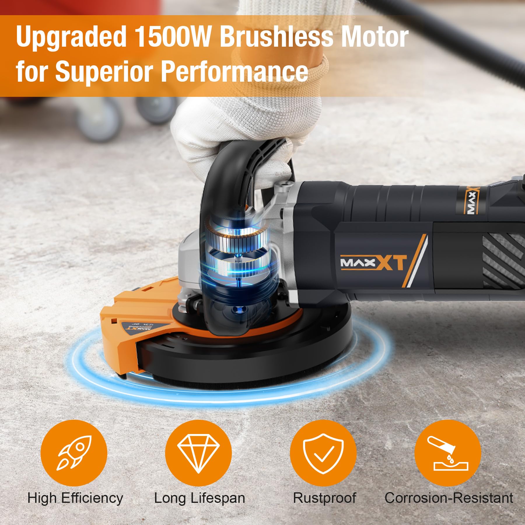MAXXT Levigatrice per Cemento 1500W – 1000-8500RPM, 7 Velocità Regolabili, Protezione Rimovibile, 2 Dischi Abrasivi al Diamante Inclusi
