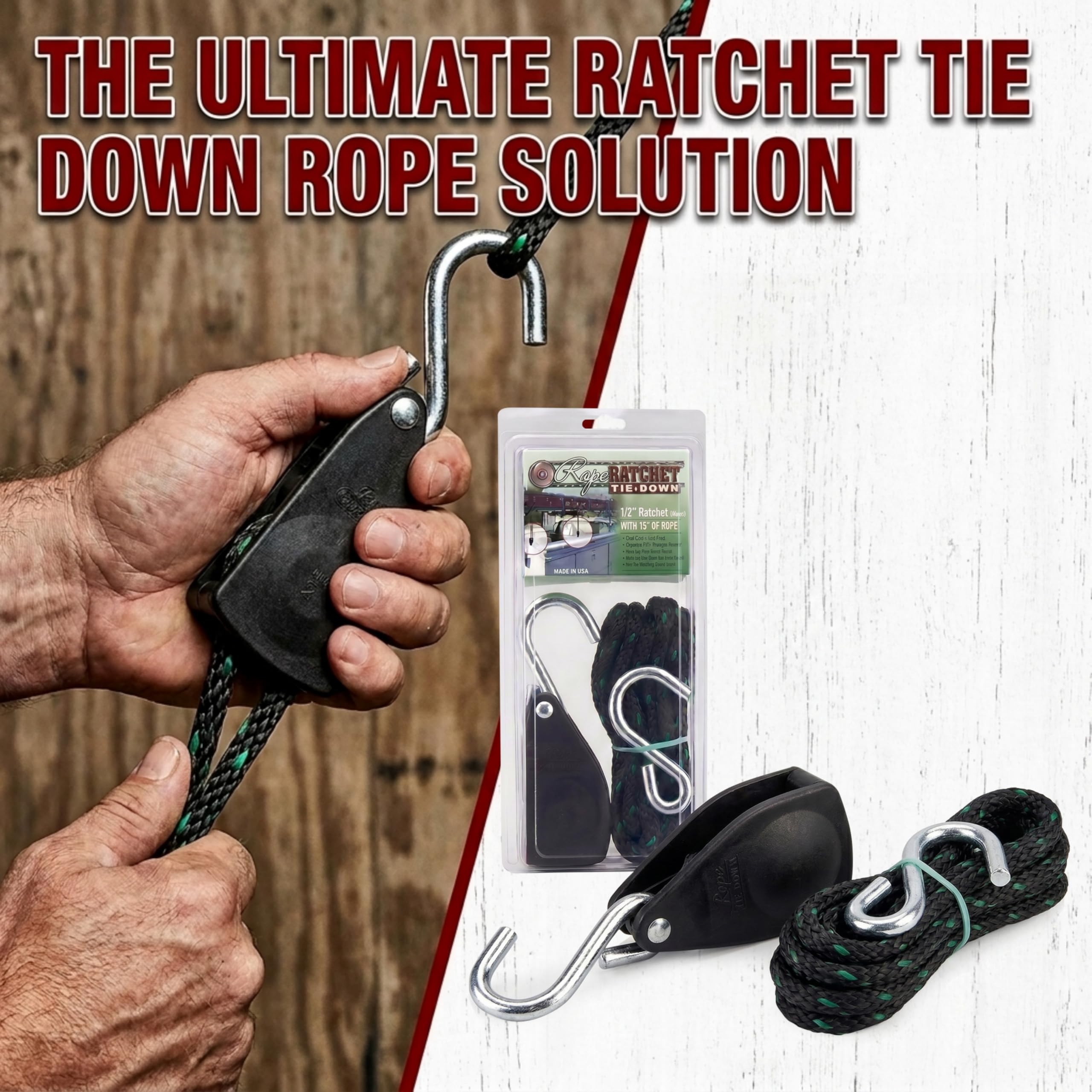 Rope Ratchet 10035 Polea de Cuerda de Amarre de 1/2 Pulgada, con Cuerda de Polipropileno Trenzada sólida de 15 pies, Capacidad de Peso de 500 Libras