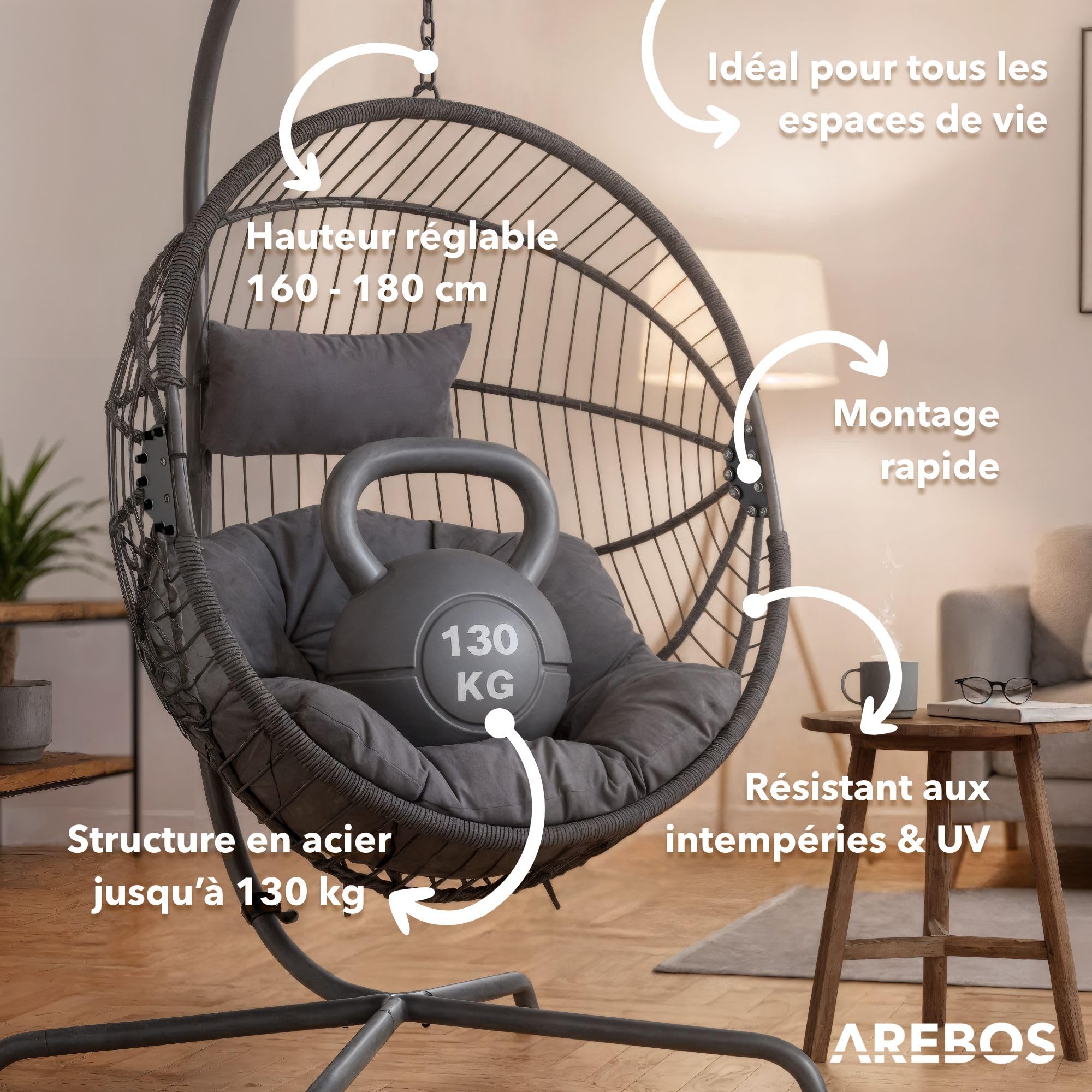 Arebos Fauteuil Suspendu avec Armature | Fauteuil Œuf Autoportant pour Jardin & Balcon | Hauteur Réglable 160–180 cm | Cadre en Acier Jusqu’à 130 kg | avec Coussins d’Assise et de Nuque