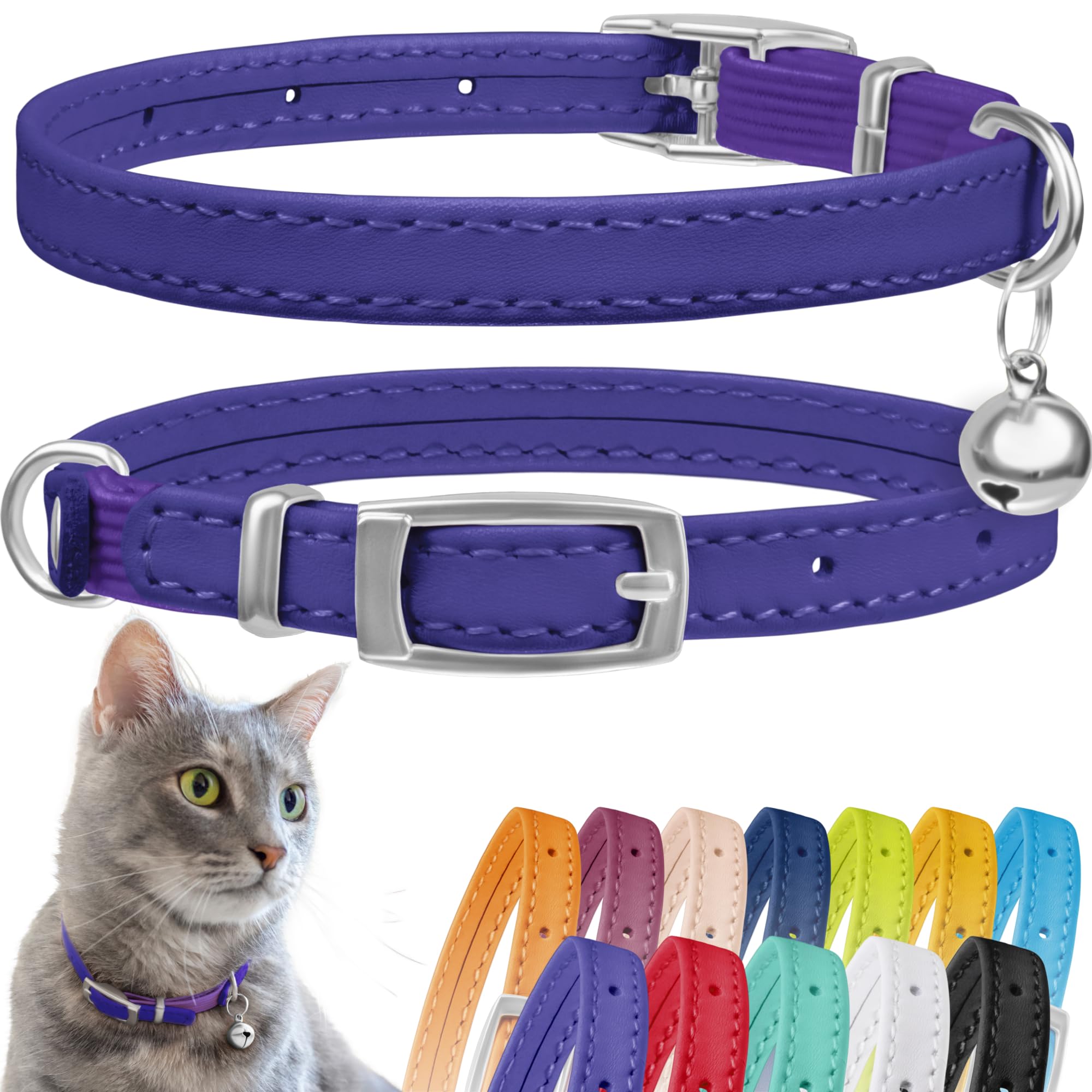 CollarDirect Leather Cat Collar, Kitten Collar with Removable Bell Black Blue Red Orange Lime Green (6-7 Inch, Purple)