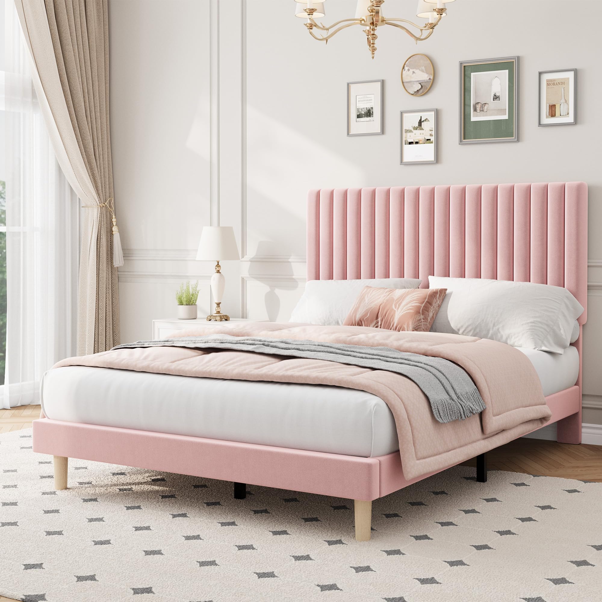Double Bed Frame with Upholstered Adjustable Headboard – Premium Velvet Fabric, Strong Metal & MDF Structure, 3-Level Headboard Adjustment, Easy Assembly, No Mattress Needed – Pink, 104x193x142cm