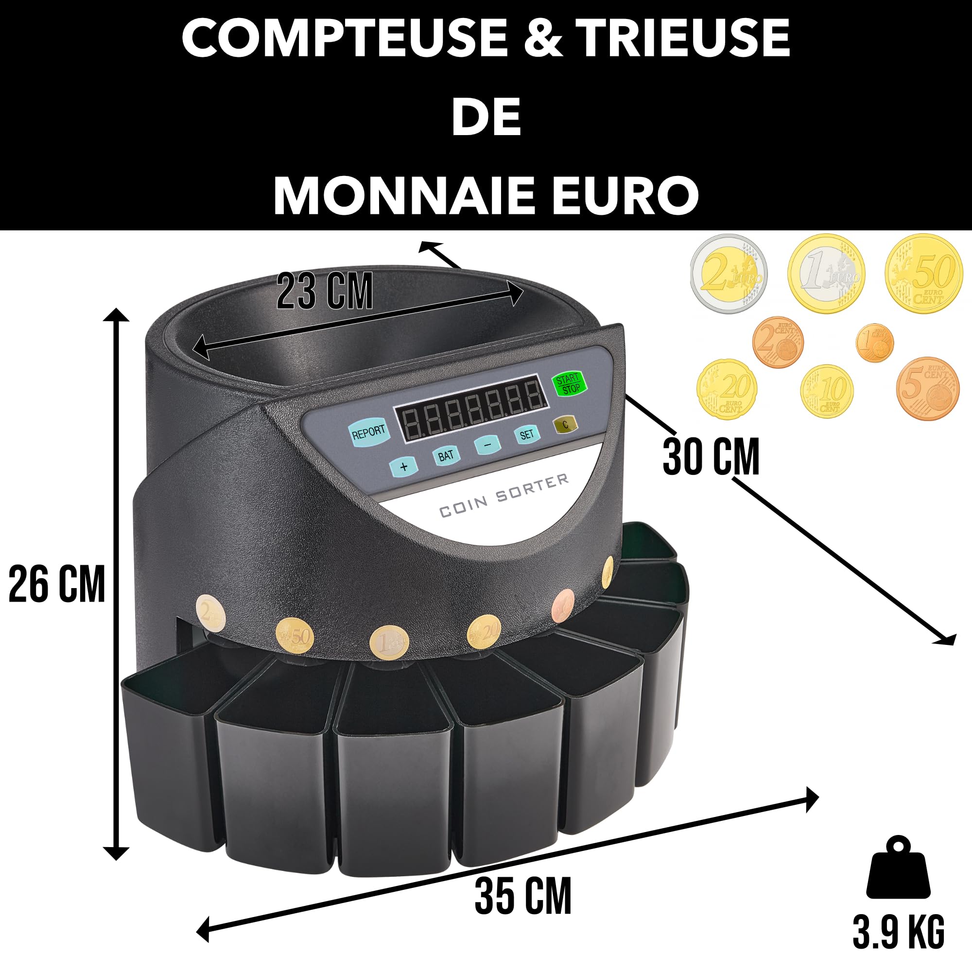Compteuse Monnaie Euro 300 pcs/min 700 Pièces Écran LED 8 Bacs Compteur Trieur Automatique