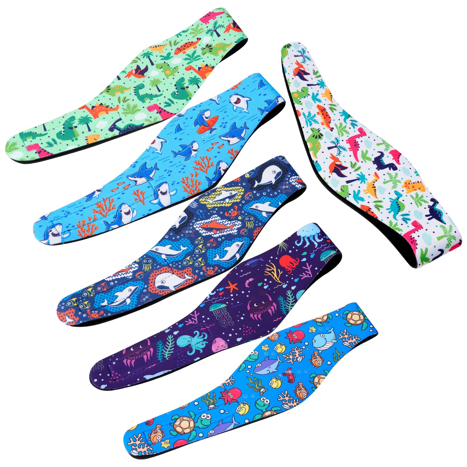 6 Pcs Swimming Headbands for Kids, Adjustable Swimming Ear Protection Bands Cute Cartoon Waterproof Swim Headbands for Boys Swimmers Age 6-12, Head Circumference 19.30-21.30 Inch