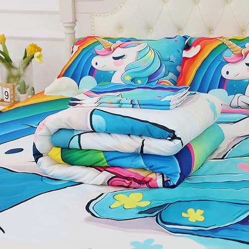 Miniatura 10 de Juego de ropa de cama de unicornio de tamaño individual para niñas, niños y niños, tamaño individual, edredón de unicornio azul claro de dibujos