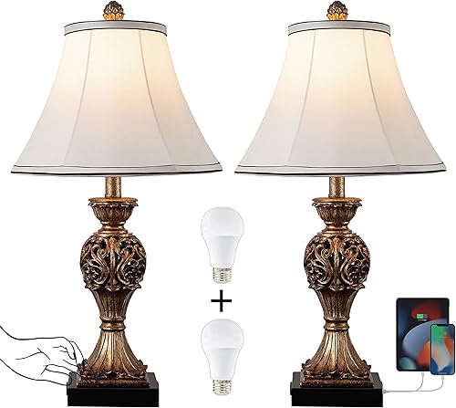 Kyrid Juego de 2 lámparas de mesa de polietileno de 3 vías con control táctil de 23 pulgadas con puertos USB y salida de CA, juego de lámparas de