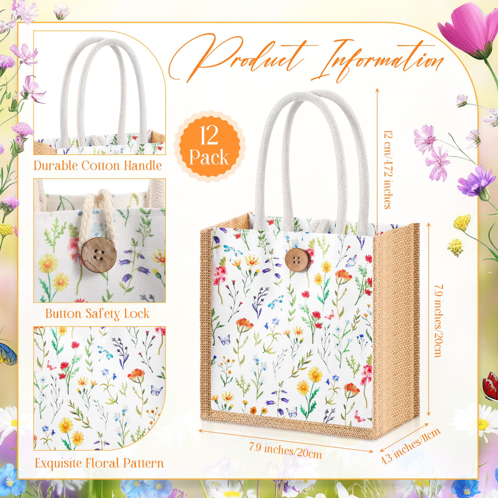 Abbylike Lot de 12 mini sacs cadeaux floraux réutilisables en toile de jute Cielito Lindo avec poignée et bouton pour printemps, mariage, fête prénuptiale, fête (aquarelle)