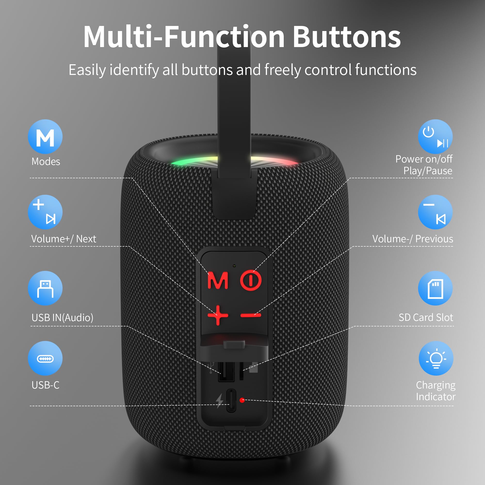 Oraolo Bluetooth Speaker,Portable Bluetooth Speaker with Immersive Sound, Dynamic LED Lights, Bluetooth 5.4, IPX6 Waterproof, 8H Playtime, TWS Pairing for Speakers for Outdoor Camping Home(Black) — view 7