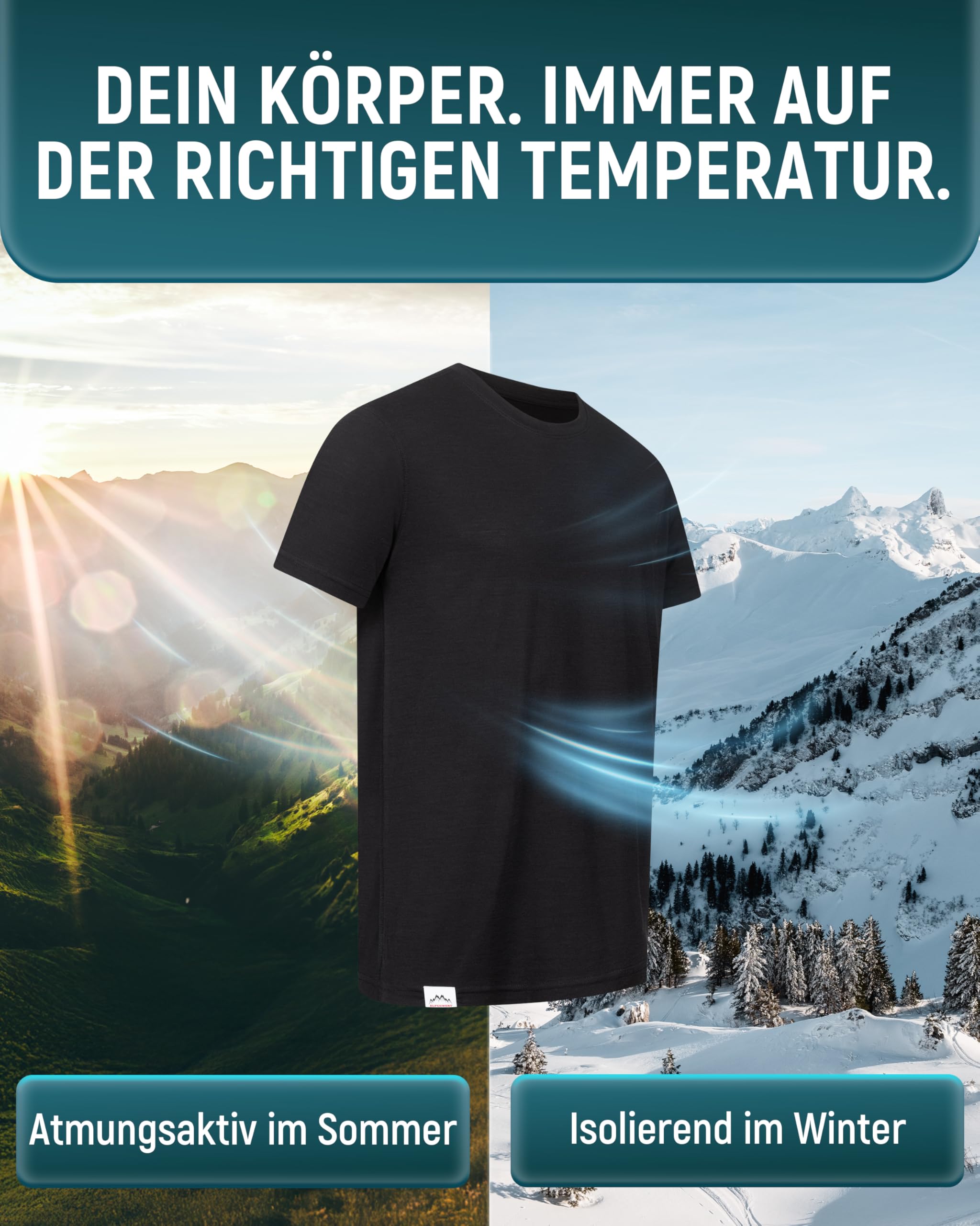 Alpenwert® Merino Shirt Herren [Made IN Portugal] perfektes Wandershirt Wander Tshirt aus Merinowolle Tshirt für Sport, Outdoor, Funktionsshirt (DE/NL/SE/PL - S/M/L/XL - Grün/Grau/Navy Blau/Schwarz)