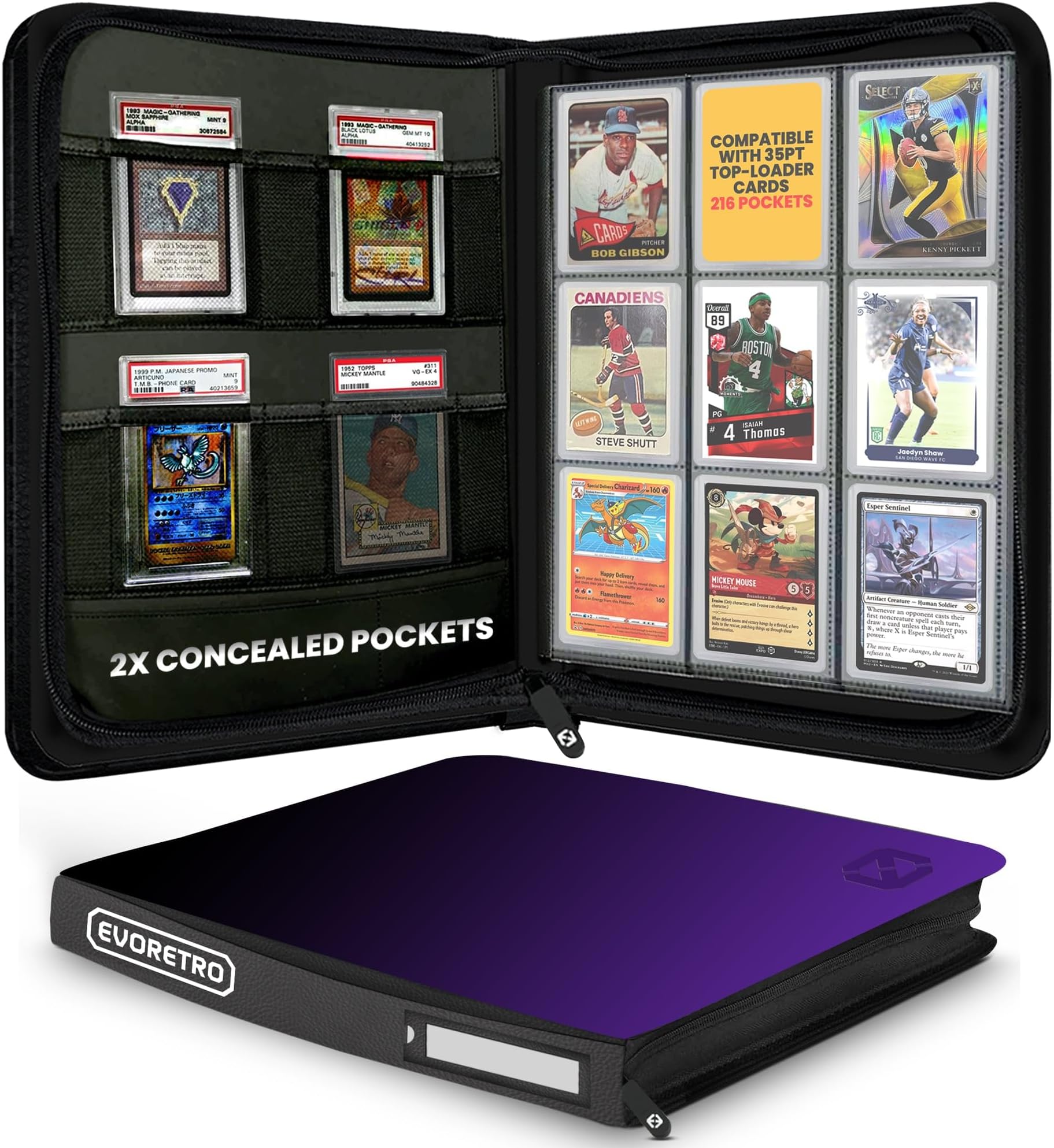 Top Loader Binder for 35pt-55pt Cards – 216 Slot Toploader Binder with 9-Pocket Pages, 4 PSA Slab Holders & Airtag Compartment, Sports Card Holder for Pokemon, MTG, Lorcana, Baseball & More
