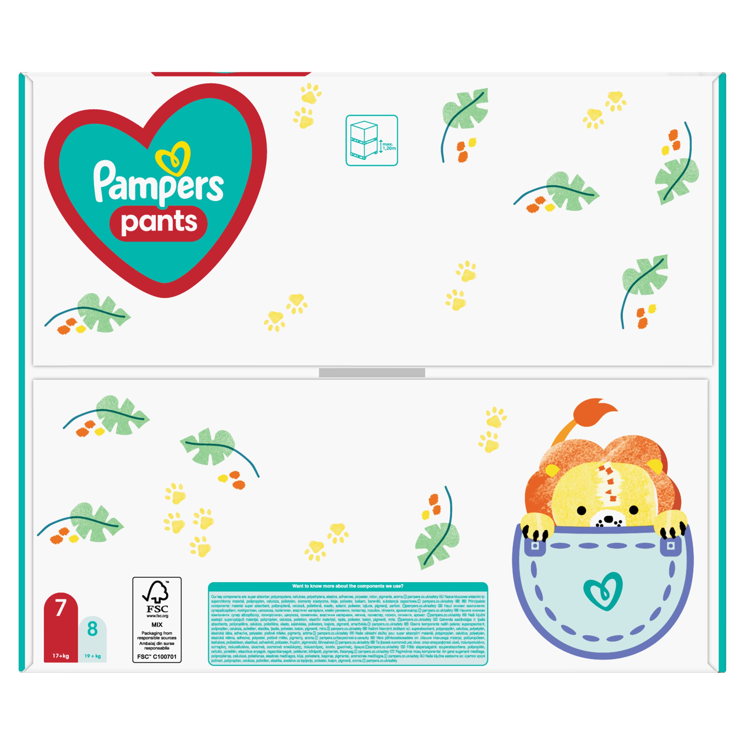 Pampers Pants Pañales, talla 7 (17 kg), paquete de 74 pañales con bolsillo antifugas en la parte trasera
