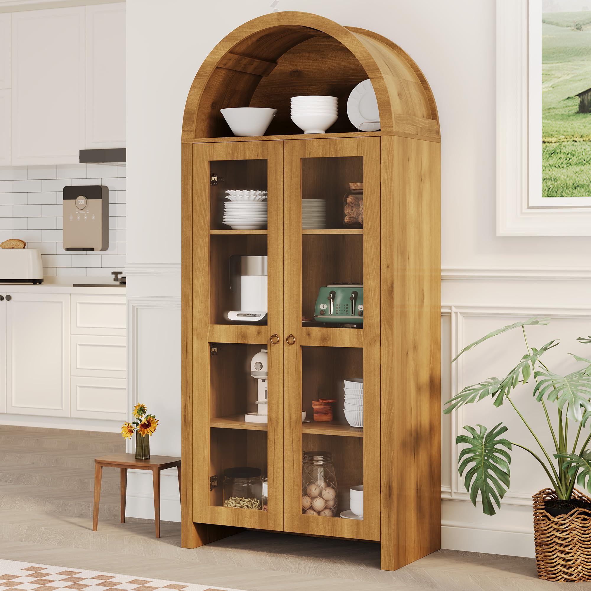 Garvee Tall Wooden Arched Cabinet with Acrylic Doors, 70 in Pantry Cabinet with Adjustable Shelves, Modern Display Cupboard for Living Room, Dining Room, Oak (Used)