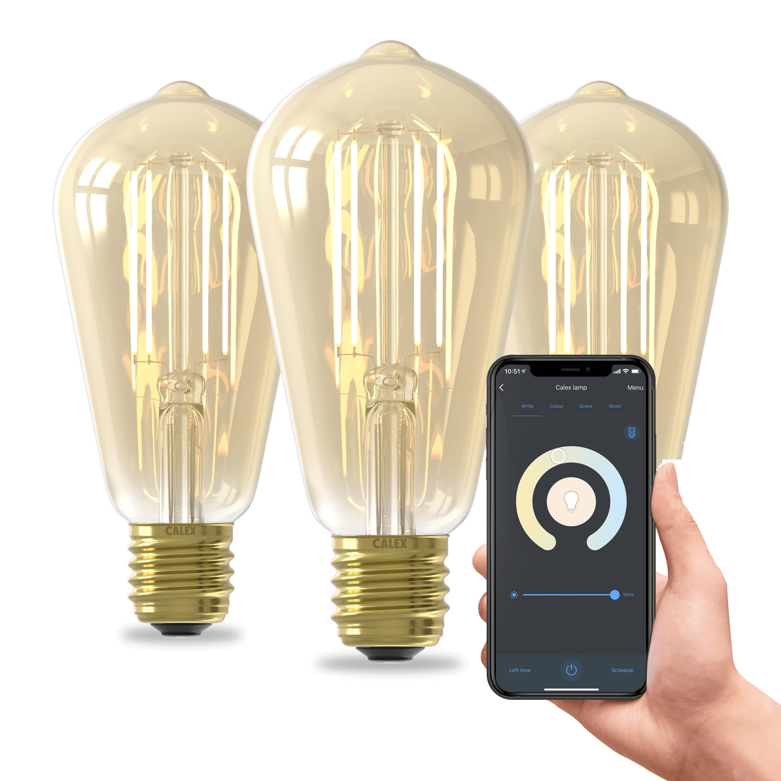 CALEX bombillas LED inteligentes, E27 ST64, con filamento dorado, luz blanca, regulables, control por aplicación y voz, pack de 3 | Un brillo cálido y decorativo con filamento dorado visible, con control por voz mediante Alexa o Google Home