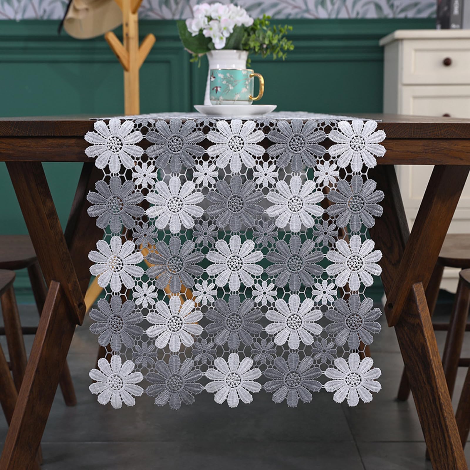 Tischläufer Landhausstil Polyester, Tischläufer Wohnzimmer 40x150 cm, Hohle Blumen, Gestickt, Weiß Grau
