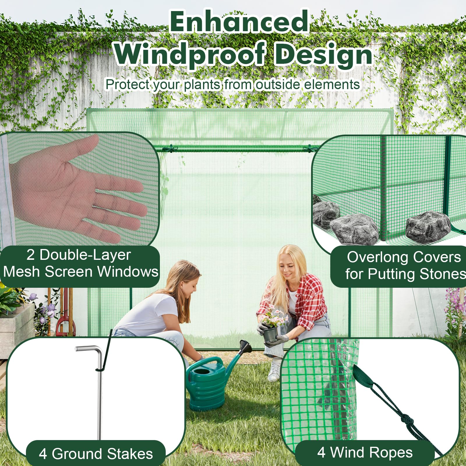 HOMASIS Invernadero Exterior, Invernadero de película con Puerta Enrollable y 2 Ventanas, Invernadero con Cubierta de PE, Invernadero con Estructura metálica para Plantas, 200x77x169cm, Verde