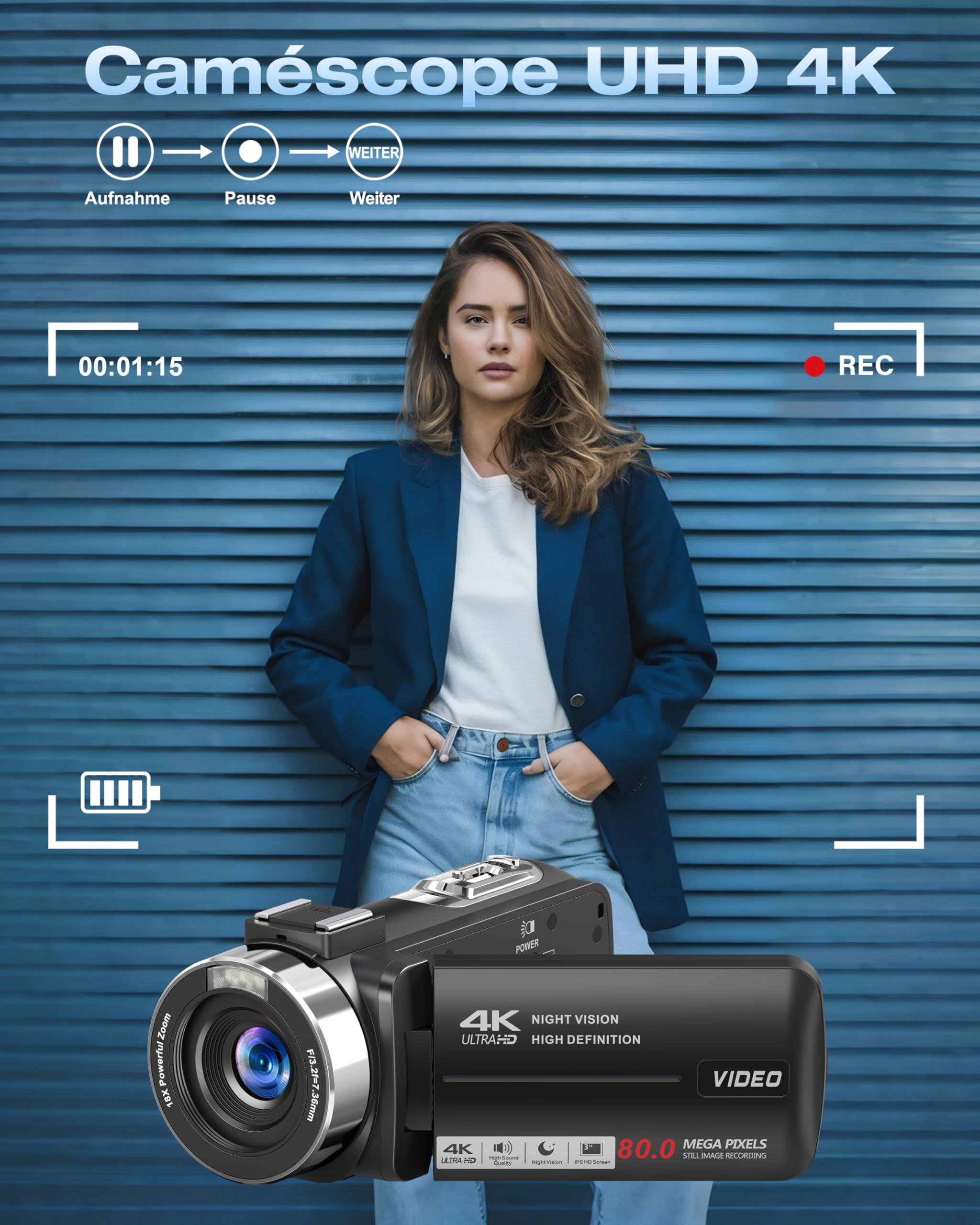 Caméscope 4K 80MP 30FPS Vision Nocturne Infrarouge Zoom 18X Écran IPS 3,0 Pouces avec 2 Piles et Carte SD 32Go