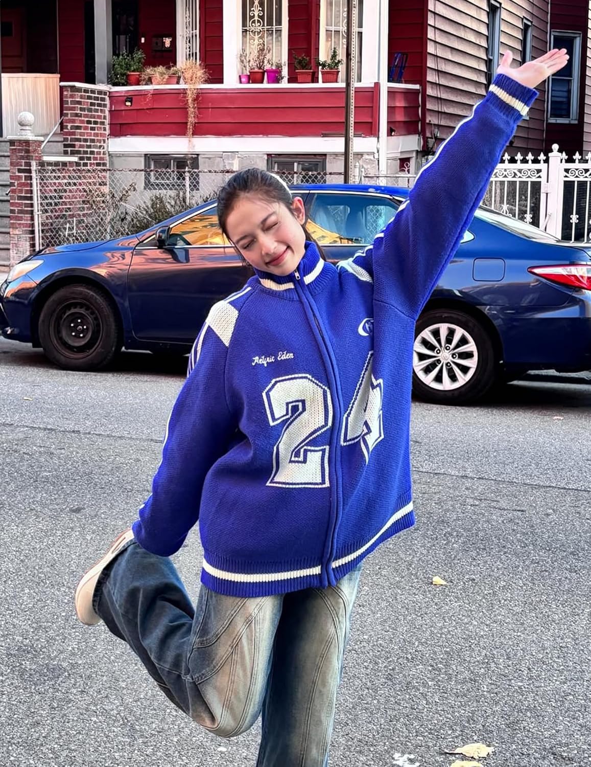 Aelfric Eden Cardigan Sweaters for Women Zip Up Oversized Knit Cardigans Long Sleeve Contrast Color Number Sweater Coat - Image 4