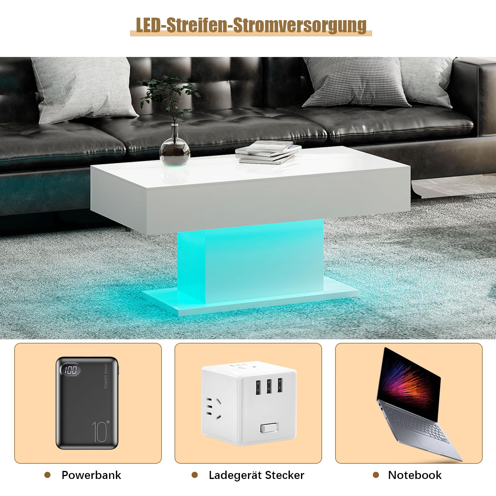 KEEPREAPER Couchtisch Wohnzimmertisch Hochglanz, Sofatisch mit LED Beleuchtung modern für Wohnzimmer, 110 x 55 x 50 cm (Weiß)