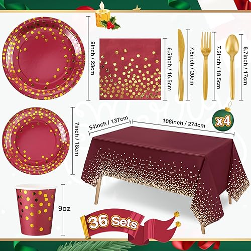 Miniatura 5 de 256 piezas de suministros de fiesta burdeos y dorados, platos de papel, servilletas, vasos, manteles desechables de punto dorado, tenedores,