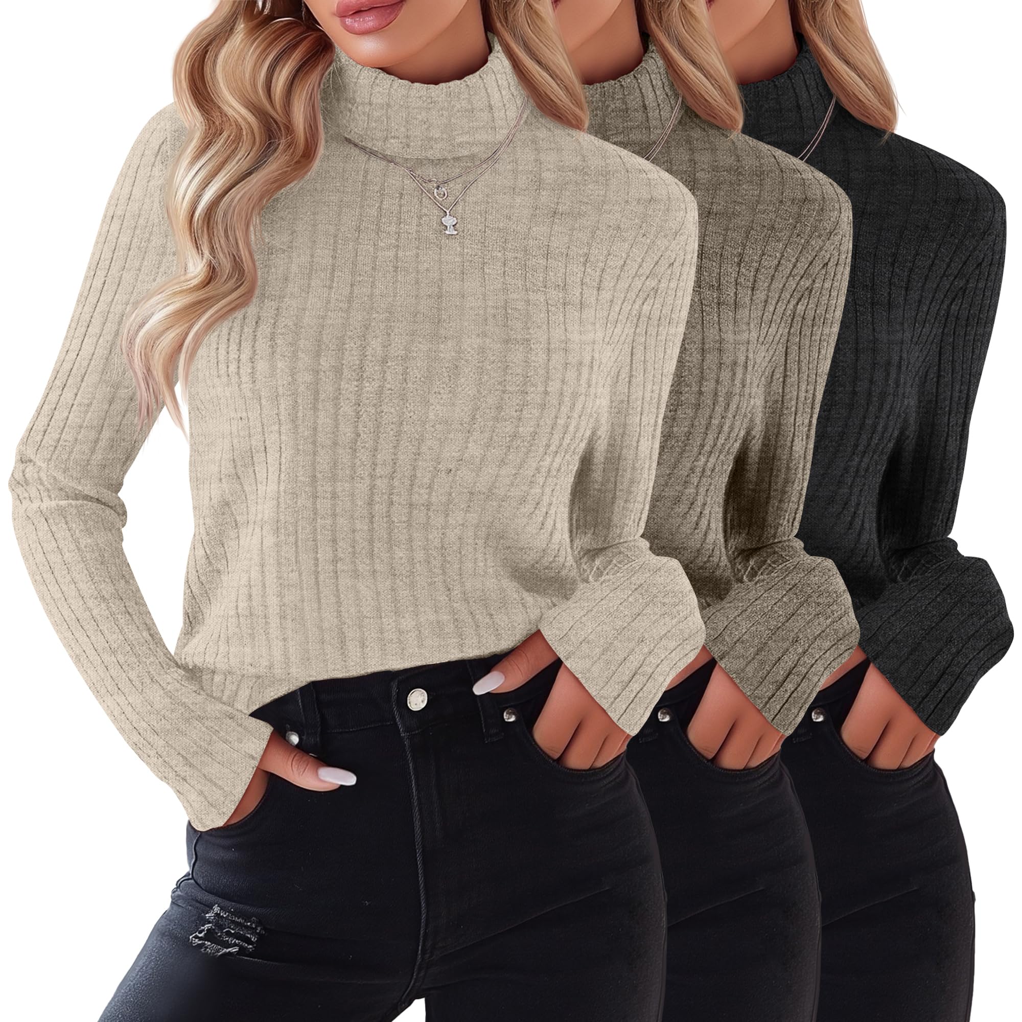 Ficerd 3 Pack Womens Turtleneck Sweater Lightweight Long Sleeve Shirts Solid Color Tunic Tops Casual Slim Fitted Pullover