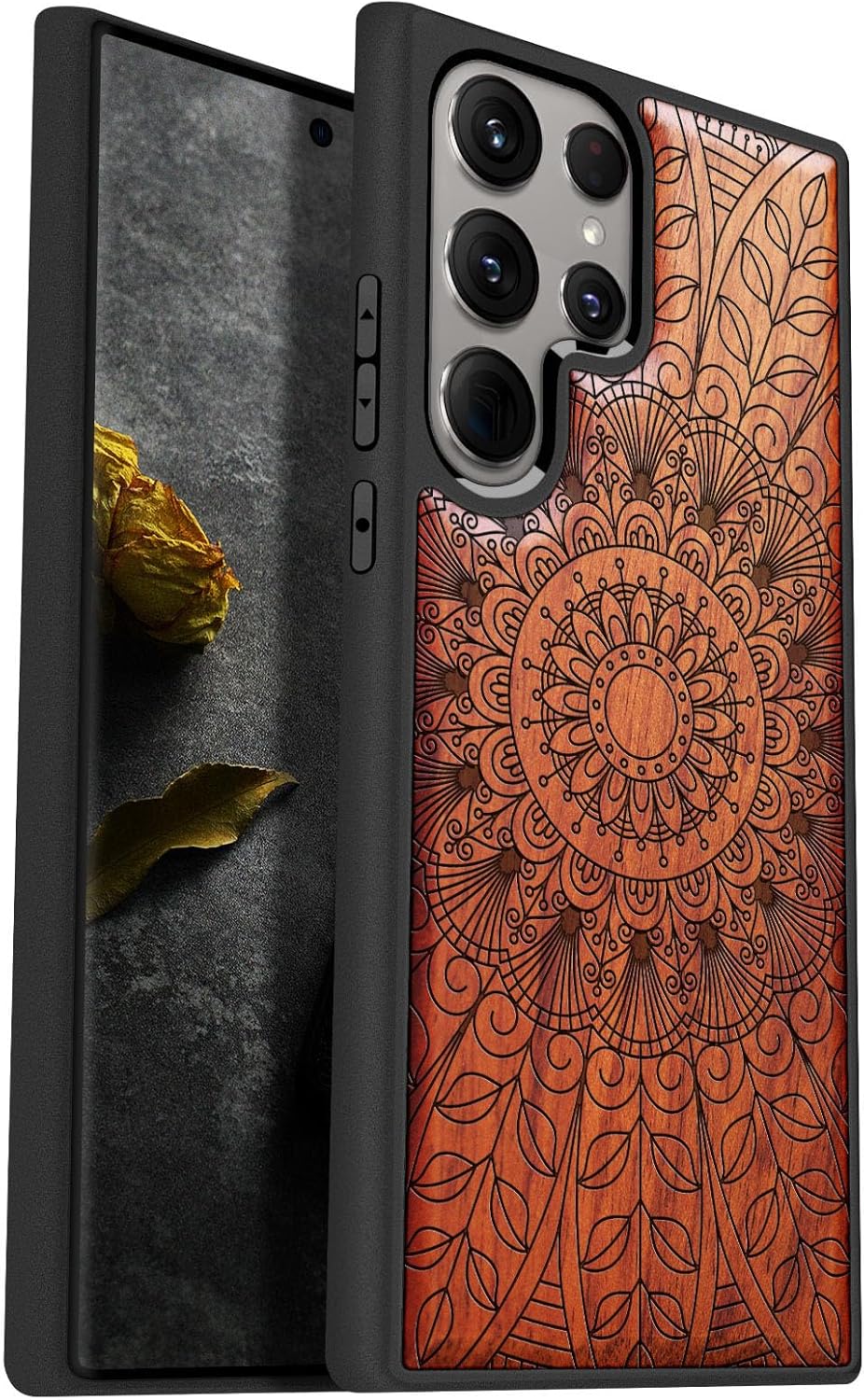 Carveit Wood Case for Galaxy S24 Ultra Case [Natural Wood & Black Soft TPU] Shockproof Protective Cover Unique Wooden Design Compatible with Samsung S24 Ultra (Mandala Art-Walnut)