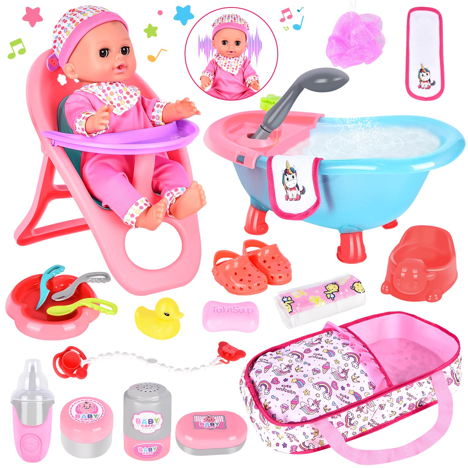 Aragallant Bambolotti e Accessori - 25 Pezzi Set con Bambola Bebé, Seggiolone, Biberon, Ciuccio, Pannolini - Regalo per Bambini