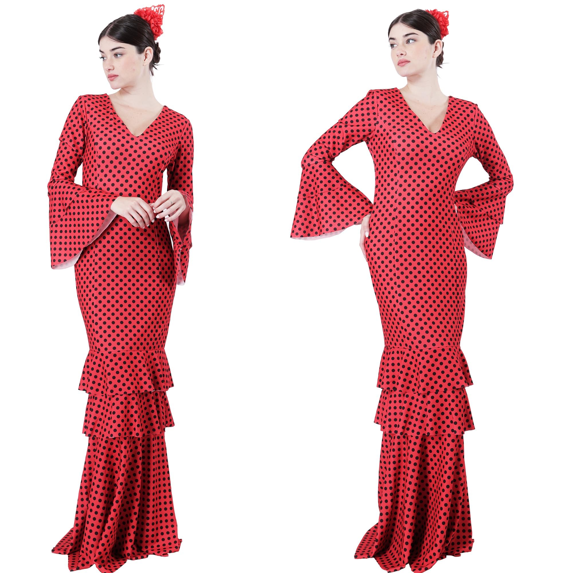 Vestido sevilliana Disfraz de Flamenca para Mujer, Traje de Sevillana Gitana Andaluz con Lunares Ideal para Feria de Abril y Carnaval