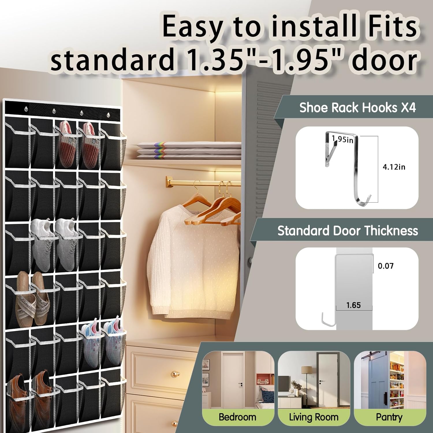 Kotkn Over the Door Shoe Organizer with 30 Breathable Mesh Pockets - Large Capacity Closet Storage for Men & Women, Hanging Shoe Rack Organizer (2PC-Black)