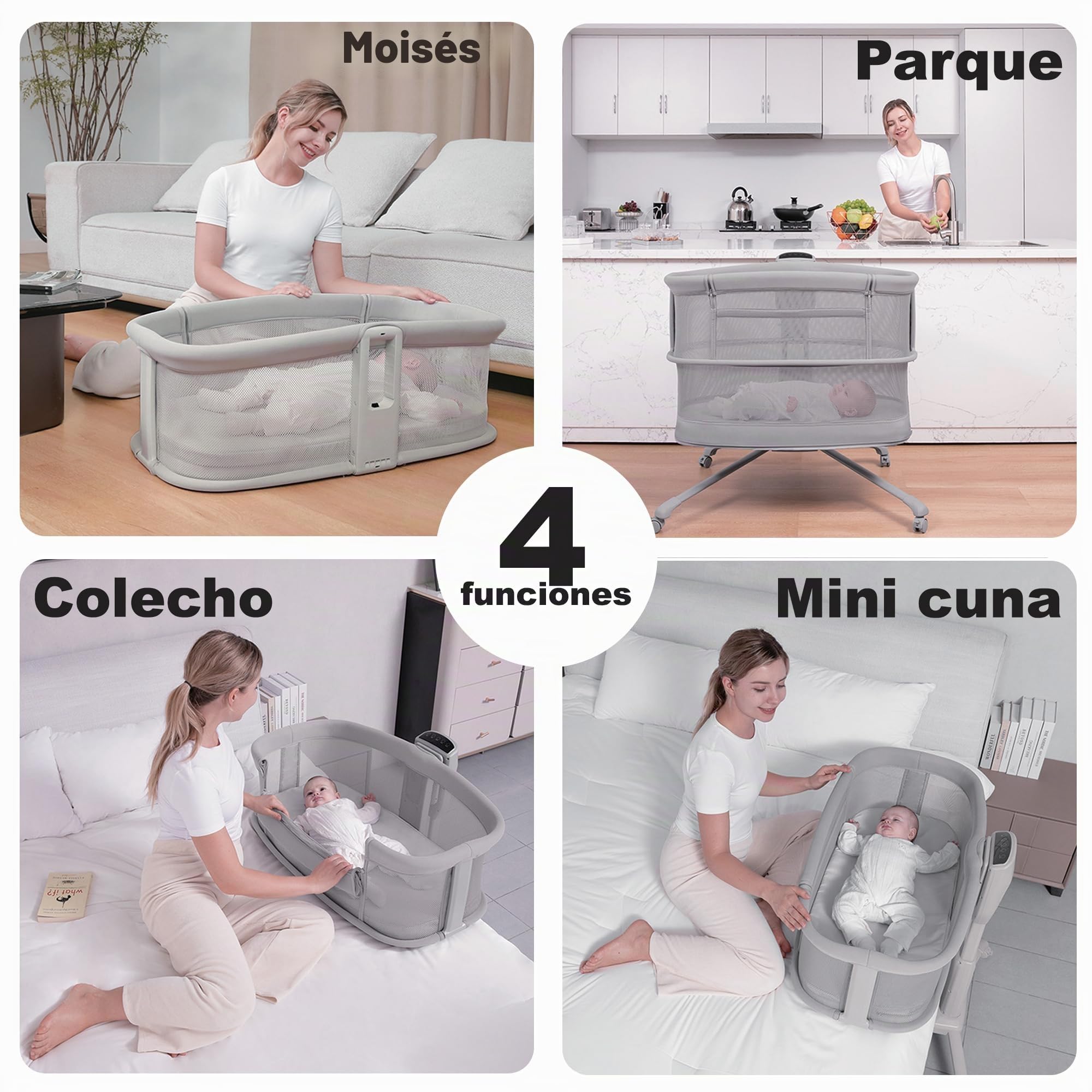 Olmitos Mini Cuna Multifuncional para Bebé 4 en 1: Moisés, Minicuna Colecho, Parque de Juegos | Colchón Lavable, Balanceo Automático, Conectividad Smart y Capota con Mosquitera (Gris Claro)