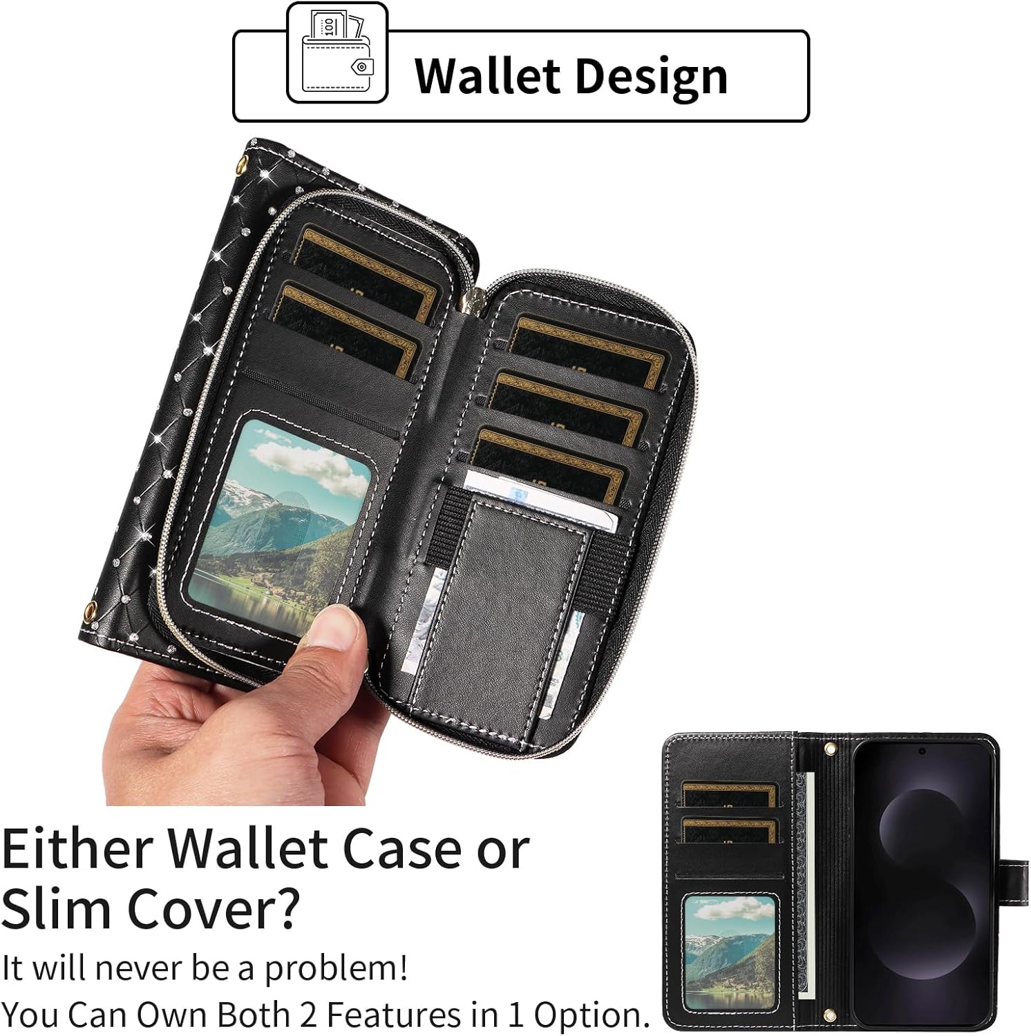 Phone Cover for Samsung Galaxy S25 Edge Wallet Case Cell Zipper Tempered Glass Screen Protector Crossbody Lanyard Strap Bling Glitter Flip Card Holder Slot S25Edge 25S S 25 25Edge Women Girls Black