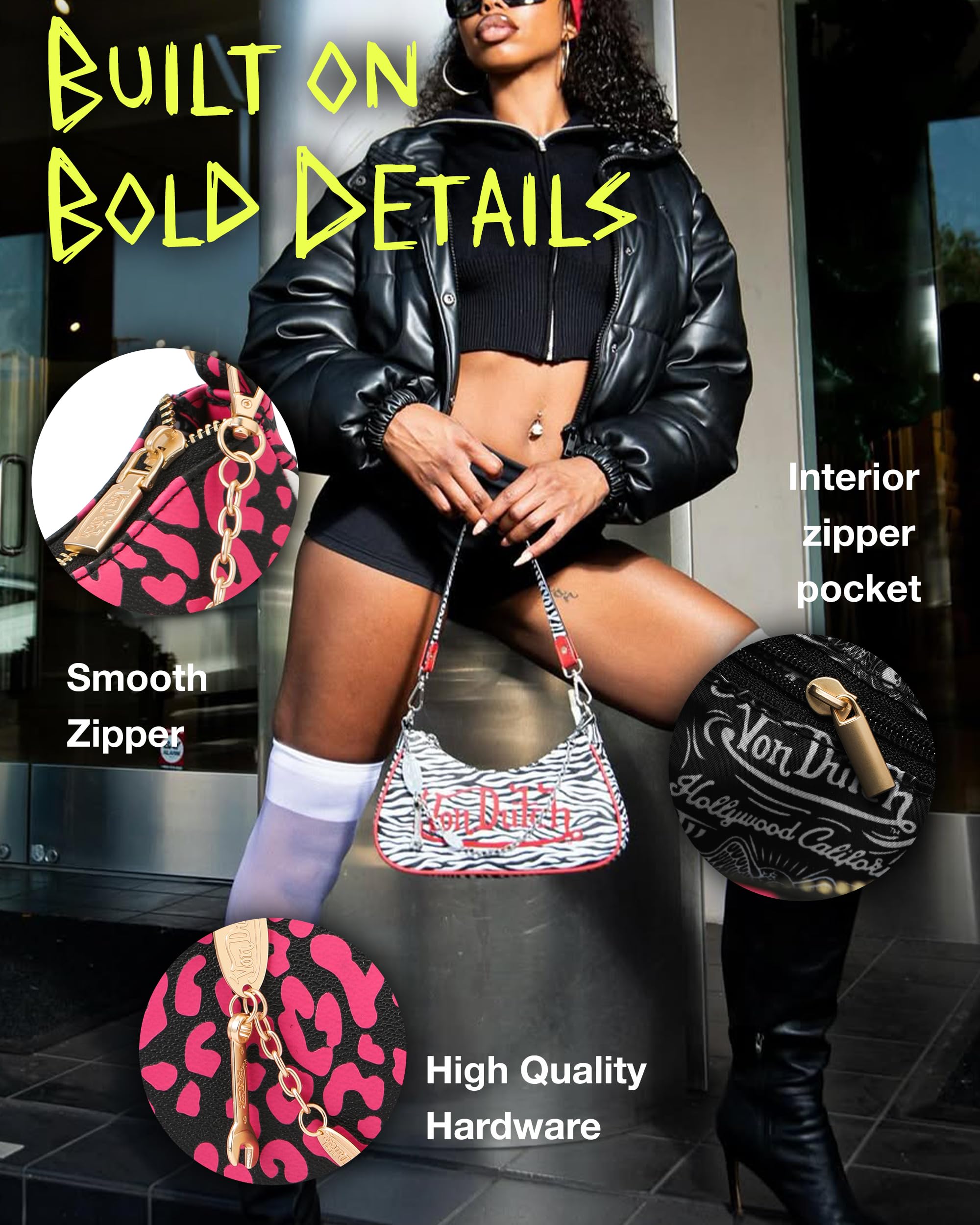 Von Dutch Small Shoulder Bag for Women, Vegan Leather Y2K Purse with Chain Strap & Zip Closure (Cheetah, Grey)