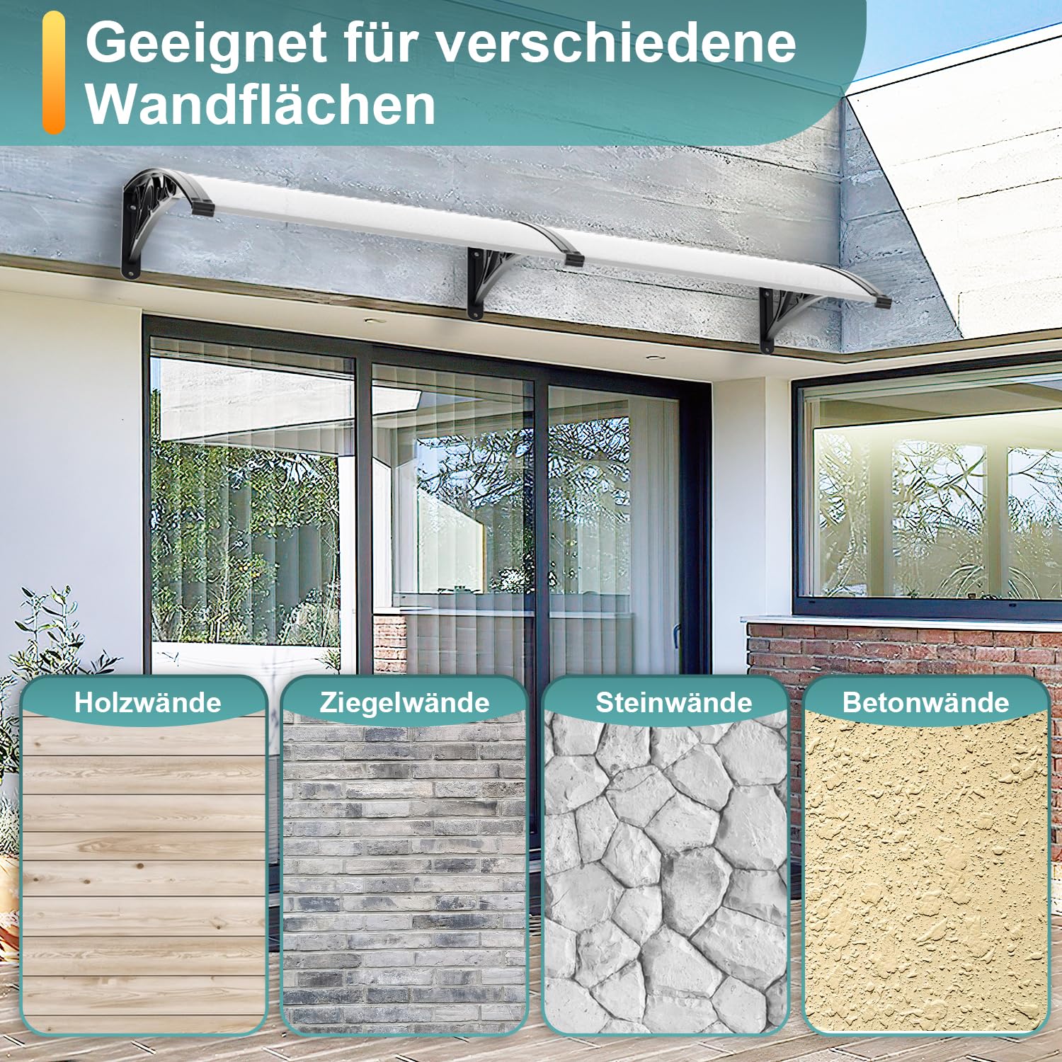 Tettoia per porta d'ingresso 100x300 cm, per porta d'ingresso da 6 mm in alluminio e policarbonato, trasparente ad arco, pensilina per porta d'ingresso, protezione dal sole e dalla pioggia
