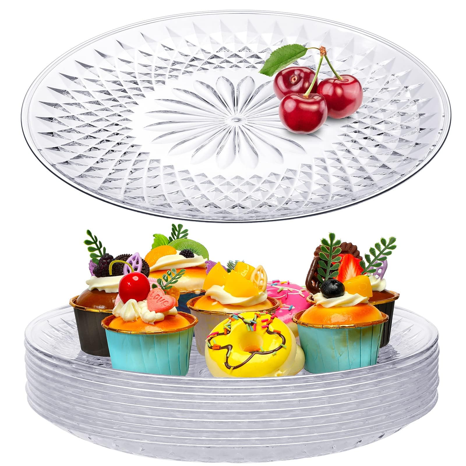 NALACAL 10 Pcs Round Plastic Serving Platters, 12 Inch Clear Acrylic Crystal Trays for Cake, Cookies, Fruits, and Party Food, Elegant Platters for Valentine's, Birthday, Wedding, and Event Decorations