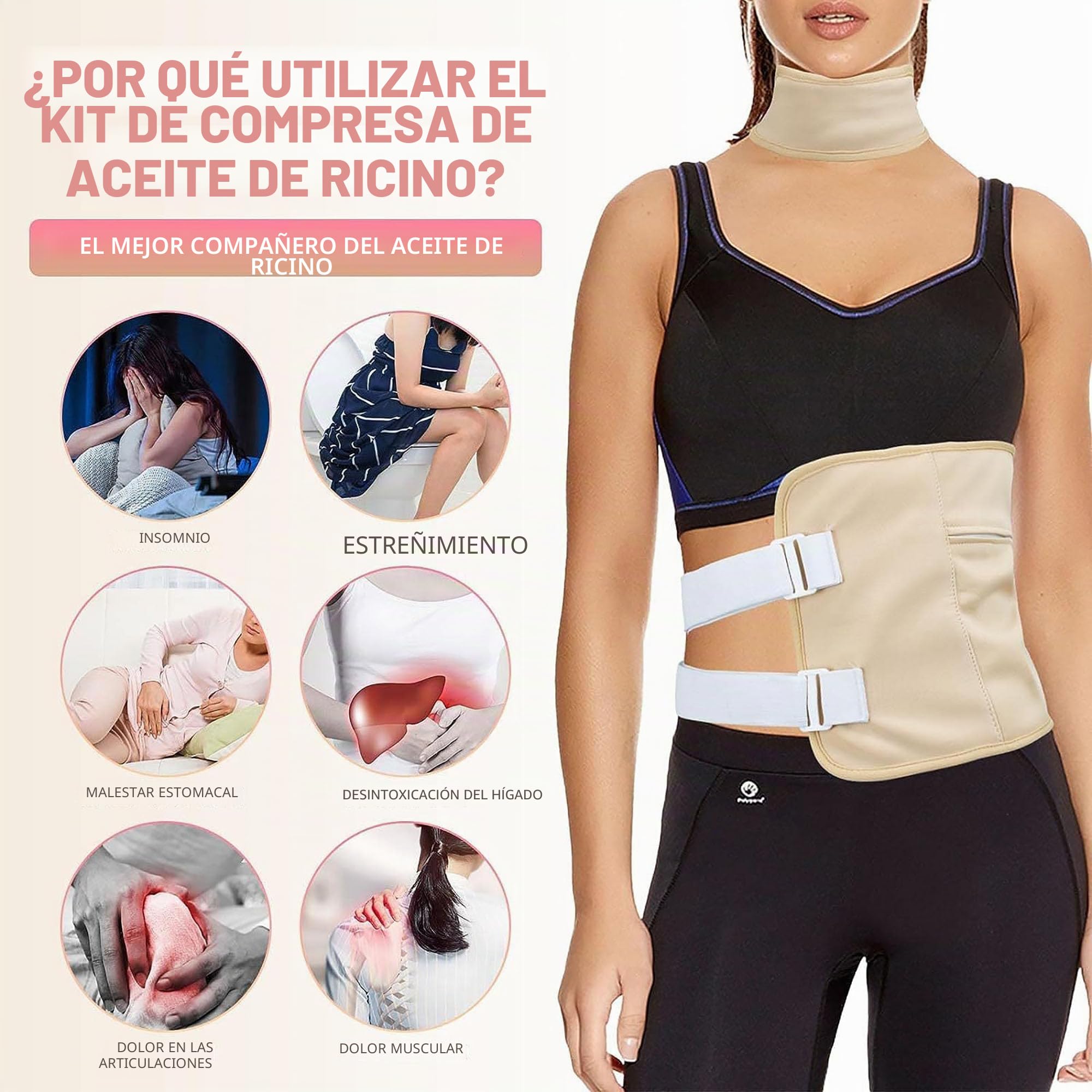 6PCS Kit Paquete Aceite Ricino Orgánico, Paquete Aceite Ricino Reutilizable, Para Cuello, Cintura, Abdomen, Piernas, Paquete Asistencia Cuidado Aceite Ricino Ajustable, Alivio La Fatiga