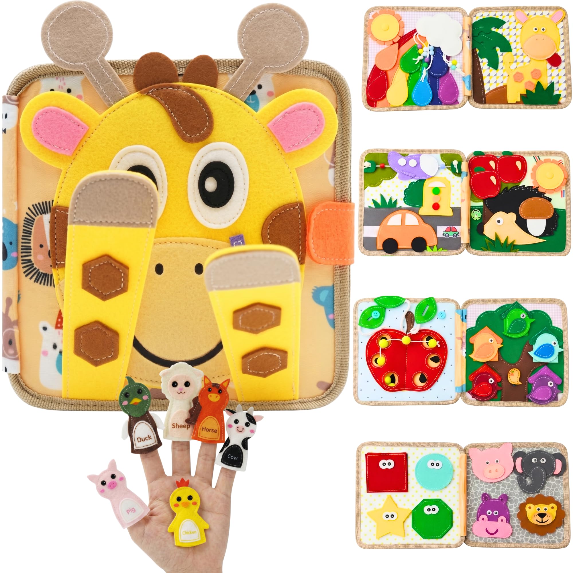 LUMS Libro Montessori 1 Año - Juguetes Montessori Bebé 2 3 4 5 Años, Busy Board y Tablero Sensorial de Fieltro, Busy Book Interactivos de Actividades, Juego de Viaje para Coche con 6 Marionetas