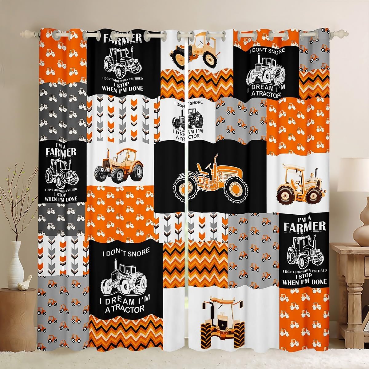 Feelyou Cartoon Farm Tractor Curtains Harvester 30%-50% Blackout Curtain for Kids Boys Girls Farm Excavator Window Drapes Truck Car Window Treatments Orange 52W X 84L，2 Panels