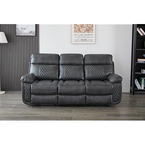 ERYE Oversized Manual Reclining Sofa Faux Leather Tufted 3 Seater Reclining Sofa Couch with 2 Recliner Chaise,Modern Motion Recliner Chaise Couch W/Pillow-top Armrests for Living Room Home Theater