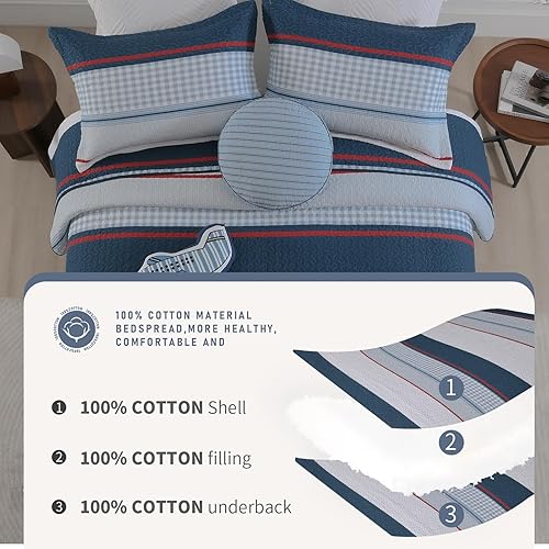 Miniatura 6 de Finlonte Juego de edredón tamaño Queen, bonito diseño de rayas blancas y azul marino para niños y niños, colcha ligera de algodón, transpirable,