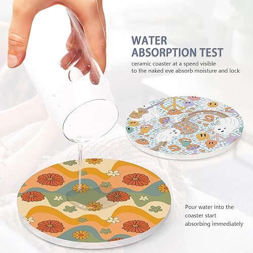 Miniatura 5 de Juego de 6 posavasos de mesa para bebidas, diseño retro de los años 70, redondos, con base de corcho y soporte de metal, gran regalo de cumpleaños