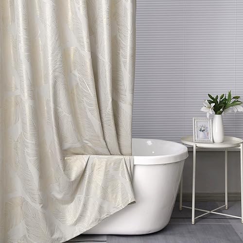 Miniatura 5 de Taisier Home Juego de cortinas de ducha con hojas doradas metálicas impresas en tela beige grisáceo, cortina de ducha con ojales, 72 pulgadas de