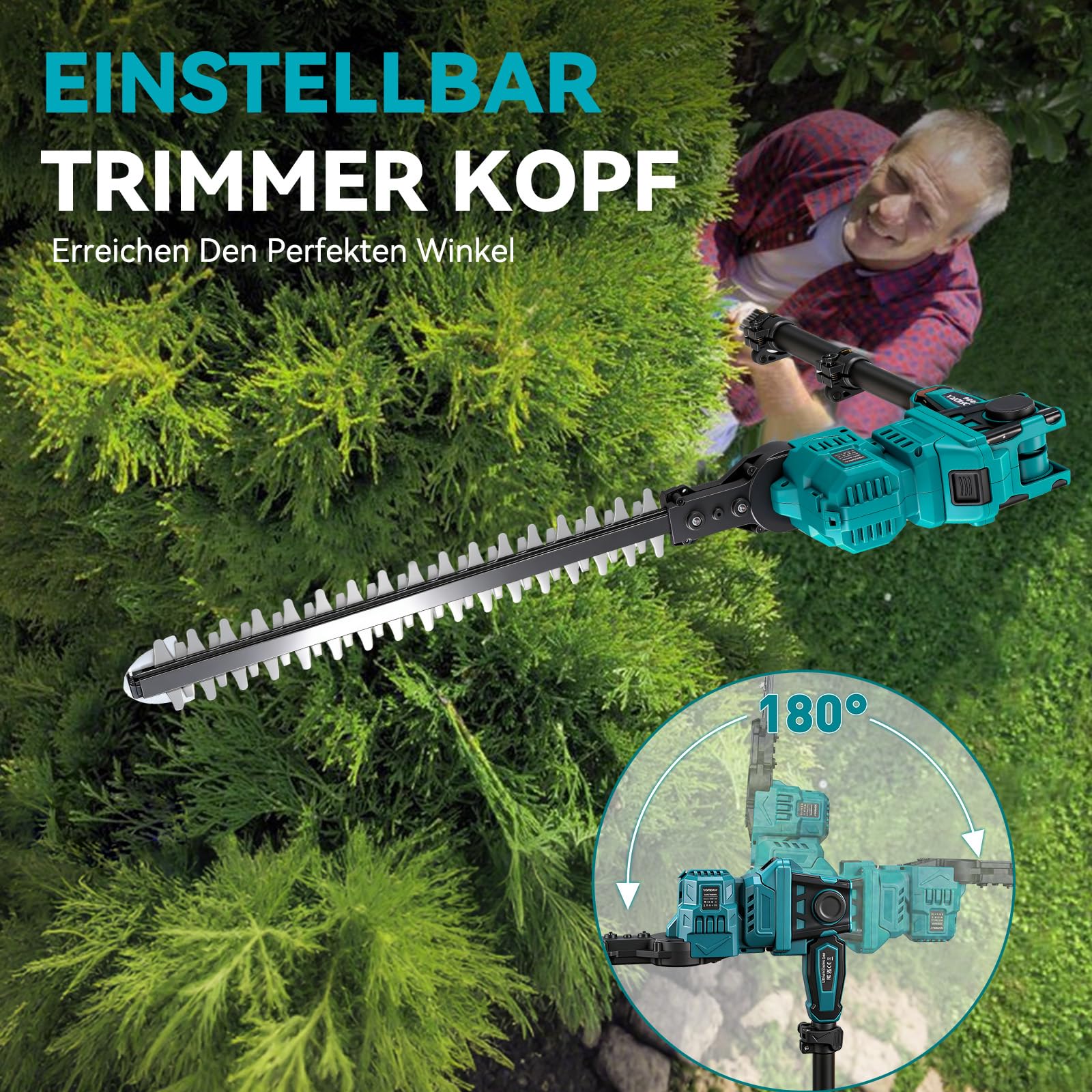 Yofidra Akku Teleskop Heckenschere, 40cm Stahlmesser, 2,4 m Teleskopstange | Elektrische Heckenschere mit 2×3.0Ah Akku, 180°drehbarem Schneidkopf, kabellose Strauchschere für Heckenpflege