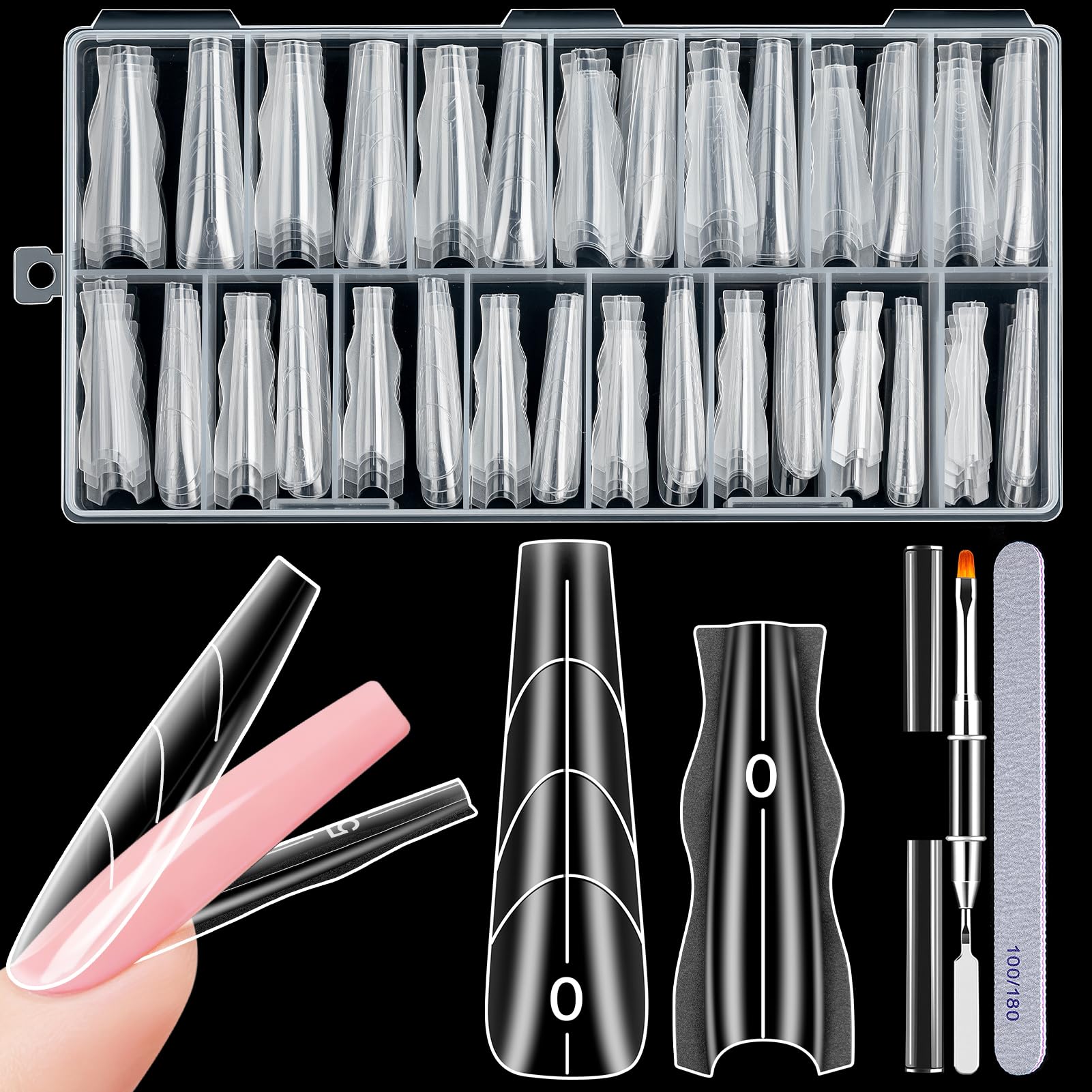 MELLIEX 182 Stücke Dual Tips Nägel Set, Nagel Verlängerung Tips für Gelnägel Nagelverlängerung Sandwich Dual Form Nails für Maniküre Salon DIY (15 Größen T-Form)