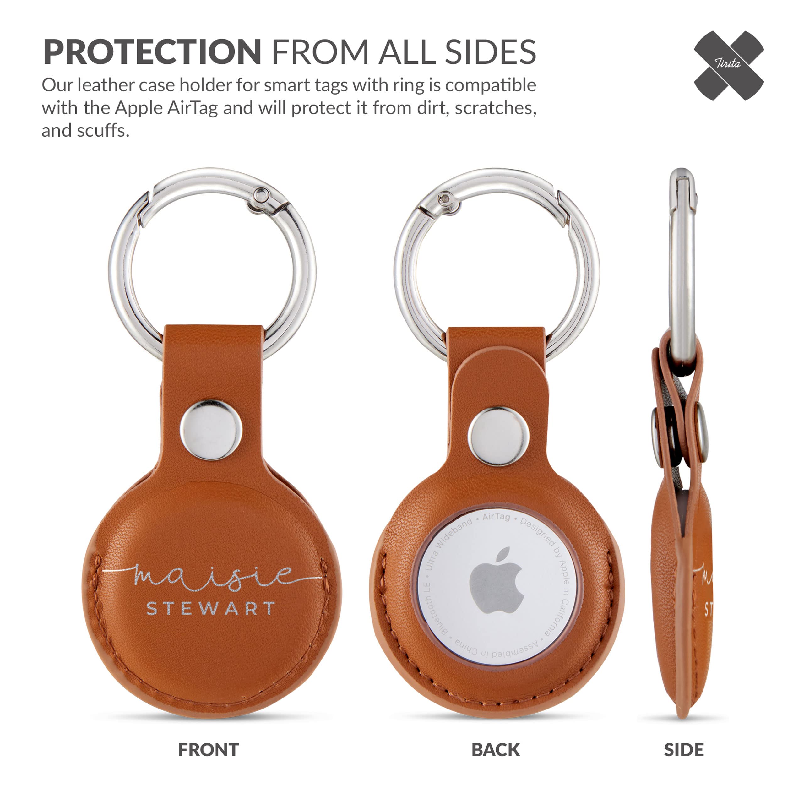 Tirita Personalised Case Keyring Holder Compatible with Apple AirTag 1 & 2 - Leather Case with Key Ring for Apple Air Tag [05- Name Handwritten on Brown] — view 3