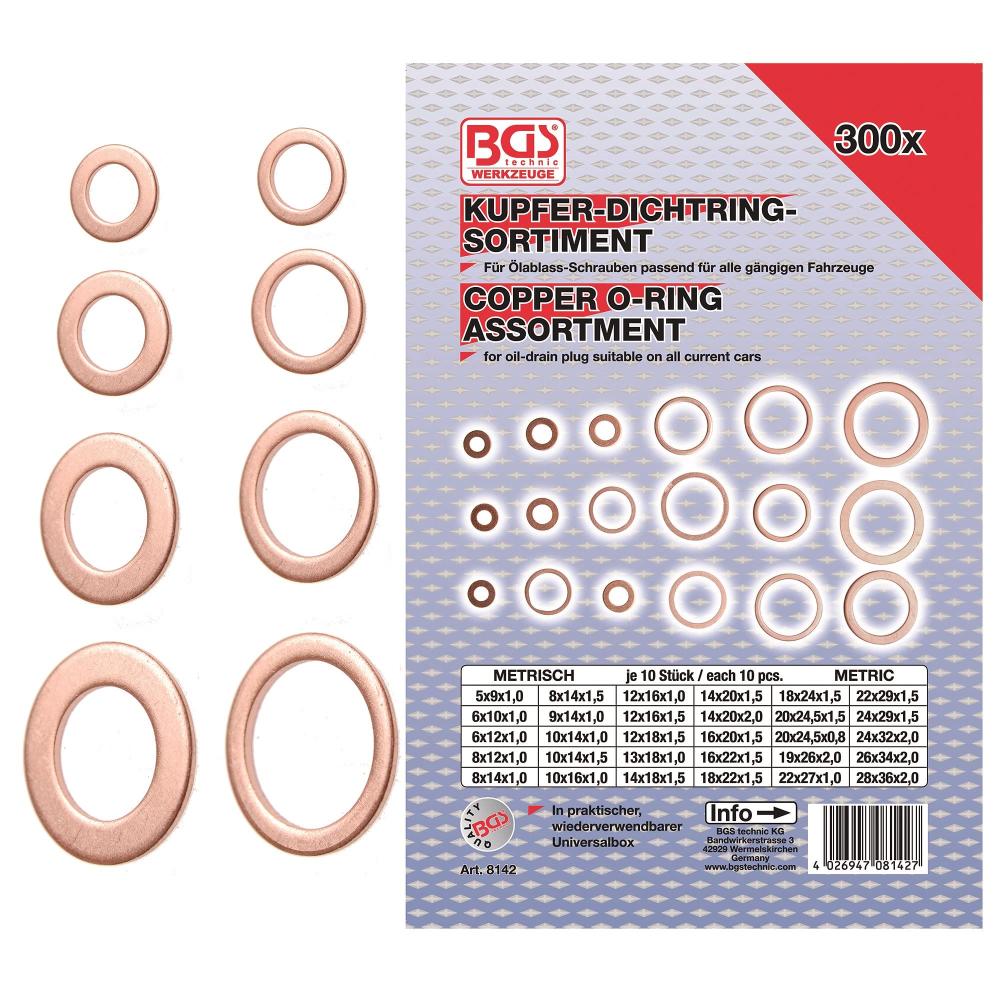 BGS 8142 | Dichtring-Sortiment | 300-tlg. | Kupfer | inkl. Sortimentskasten | Kupferringe | Kupfer-Dichtringe | Unterlegscheiben