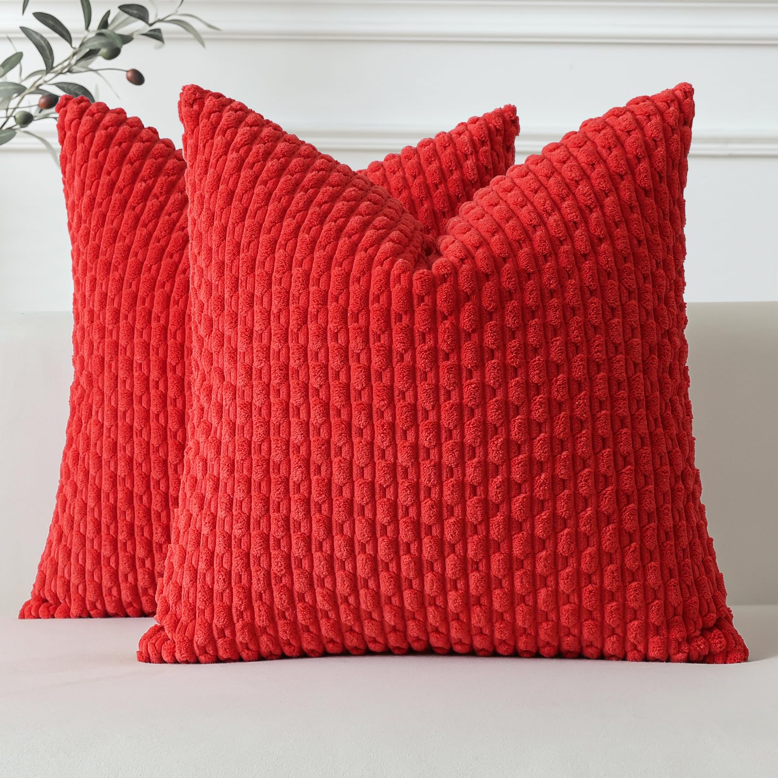 Sungeek Set of 2 Red Soft Corduroy Decorative Cushion Covers Boho Striped Throw Pillow Covers for Sofa Couch Living Room Patio Farmhouse Home Decor Pillowcases 40x40cm — image 1