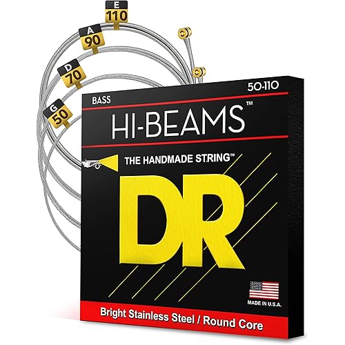 DR Strings HI-BEAMS - Stainless Steel 4-String Bass Guitar Strings, 50-110, Round Core