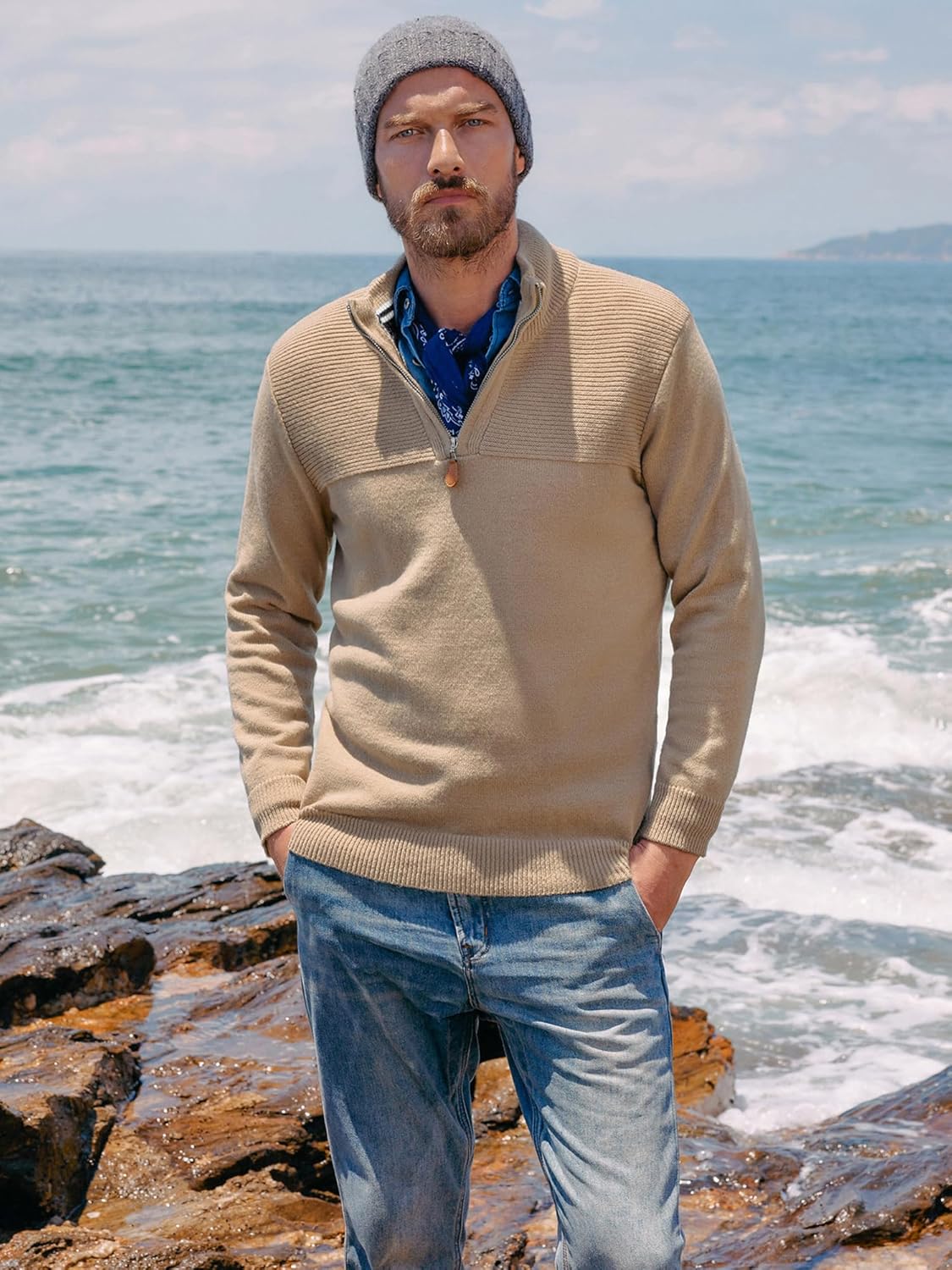 PJ PAUL JONES Men's Quarter Zip Sweater Slim Fit Casual Pullover Sweater Mock Neck Polo Sweaters - Image 4