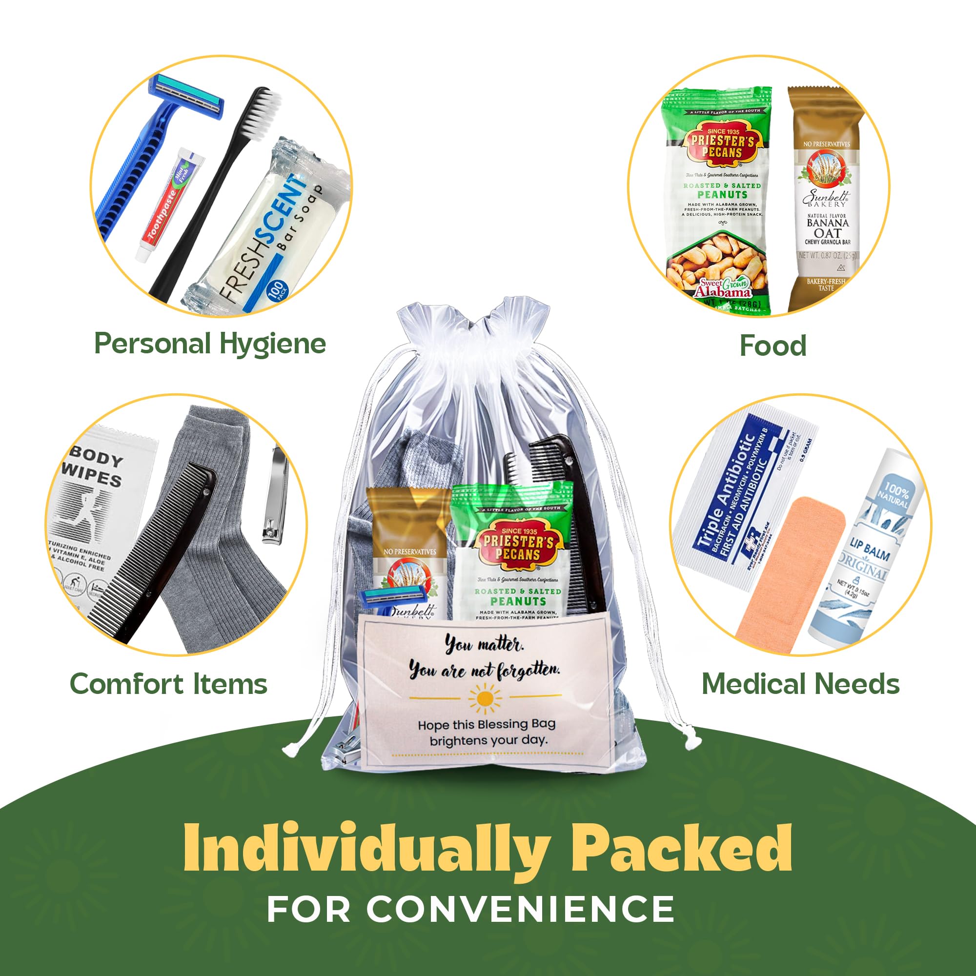 Homeless Care Package Hygiene Kits with Food, Socks and Personal Care Items