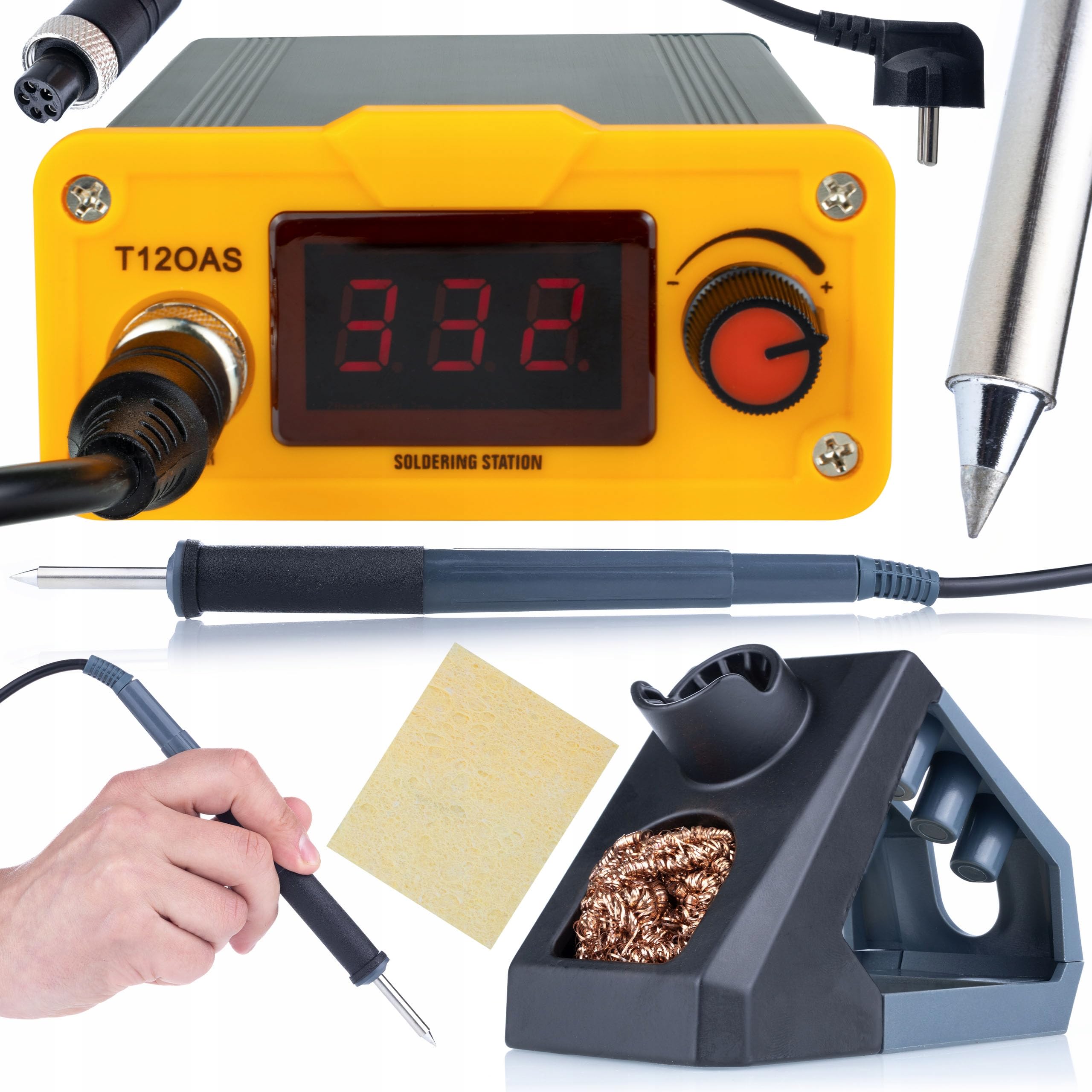 Estación de soldadura T12 Orange Akbash Standard – Soldador con pantalla LCD de 75 W, modo de suspensión, temperatura 200 – 450 °C, calentamiento rápido, juego de 14 piezas con organizador para