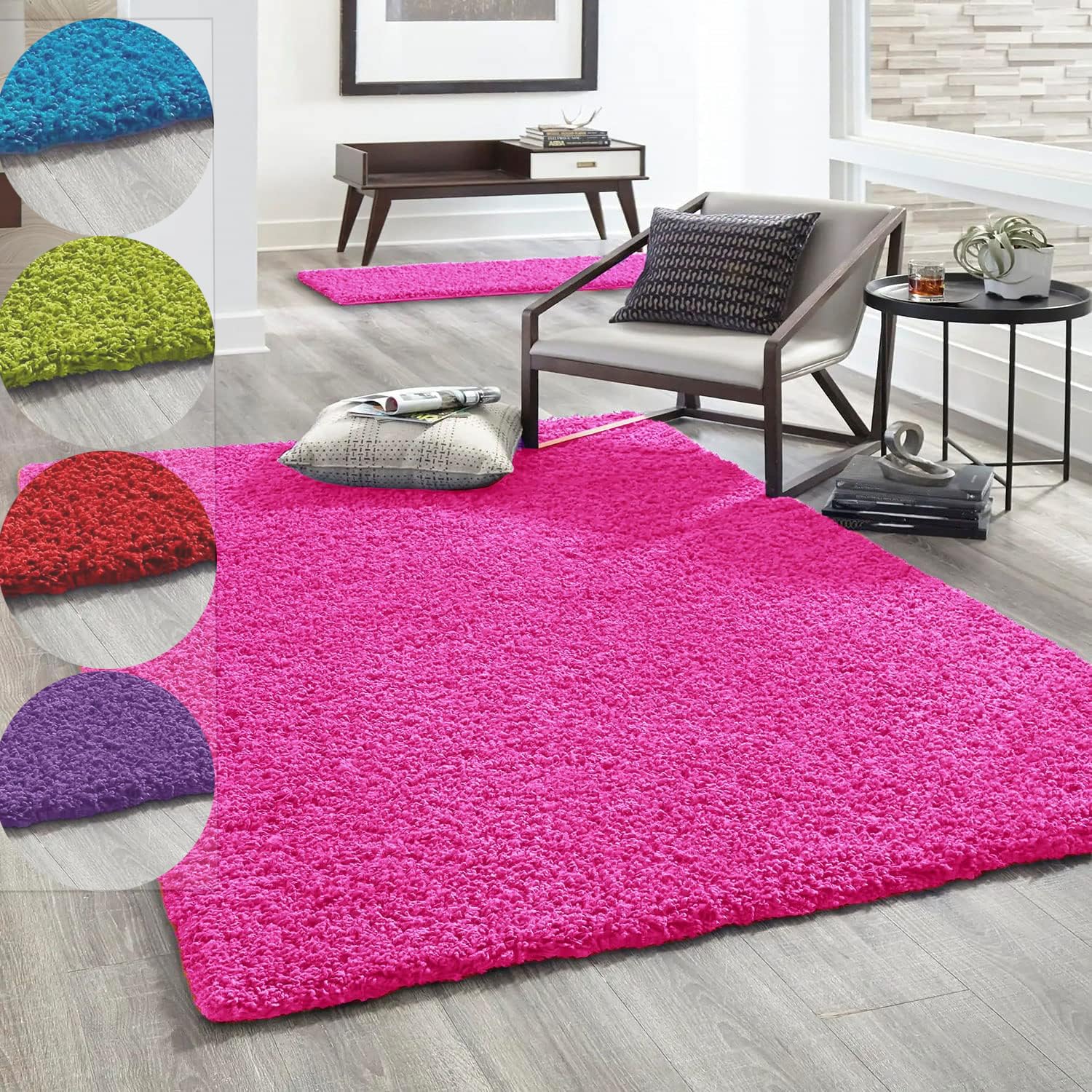 VIMODA Hochflor Teppich Prime Shaggy Langflor Wohnzimmer Schlafzimmer Rund Farbig, Farbe:Pink, Maße:Ø 120 cm Rund